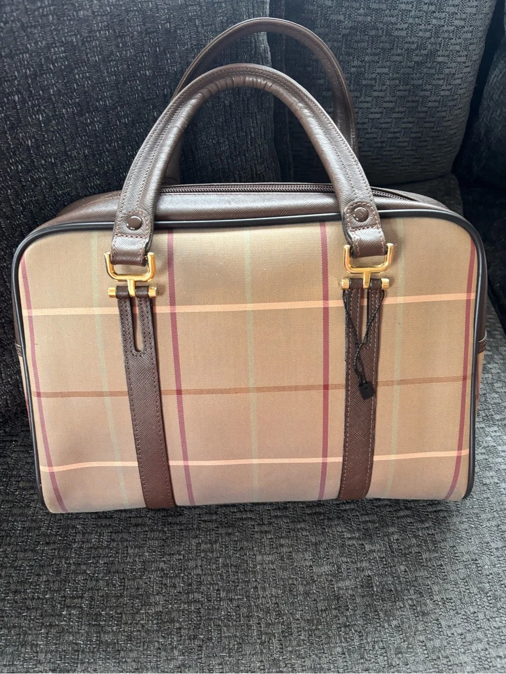 Burberry Tan Plaid Canvas handbag-with Brown Leather Trim